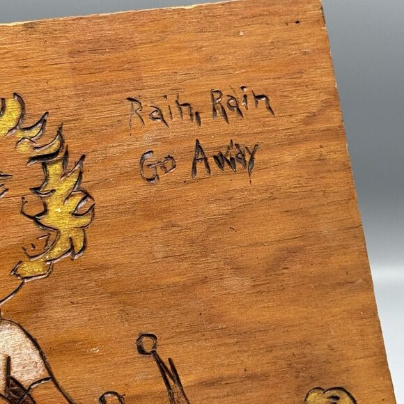 Vtg Pyrography Wood Art Painting Rain Rain Go Away Nursery Rhyme Wall Decor - Picture 2 of 12